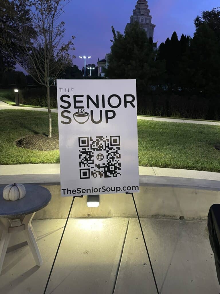 This is a photograph of The Senior Soup's QR code that takes mobile users to TheSeniorSoup.com.