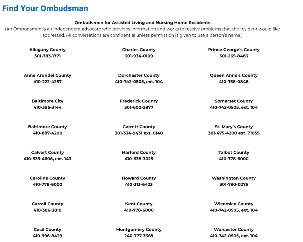 This is a screenshot taken from the Maryland Department of Aging's website that lists all 23 Maryland county's long-term care ombudsman. 