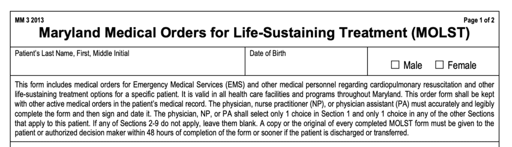 This is a screenshot of the Maryland MOLST FORM, section one. 