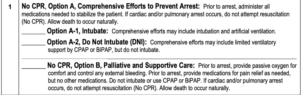 This is a screenshot of the MOLST form Maryland's section one, CPR. 