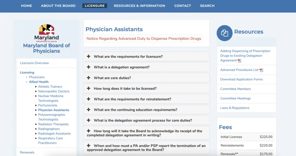 This is a screenshot taken from the Maryland Board of Physicians about physician assistant licensure. 