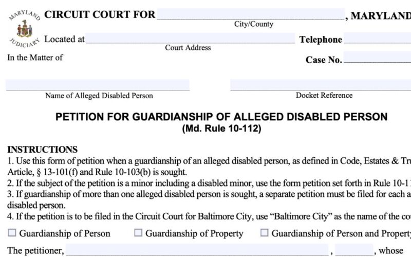A screenshot of Maryland's Adult guardianship petition.