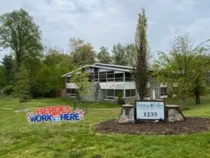 This is an external photograph of Potomac Valley Rehabilitation and Healthcare, a Montgomery County, Maryland nursing home located in Rockville, Maryland. 