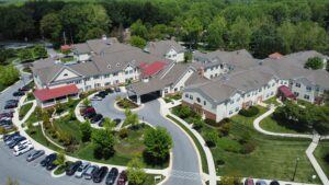 This is a drone shot taken by Ryan Miner of Brooke Grove Rehabilitation and Nursing Center, located in Sandy Spring, Maryland. 
