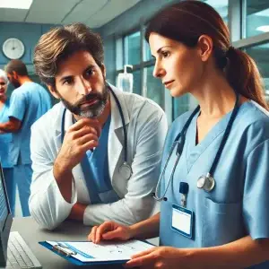 This is an AI-generated image of a nurse practitioner mentoring another nurse practitioner for 18 months, according to Maryland law. 