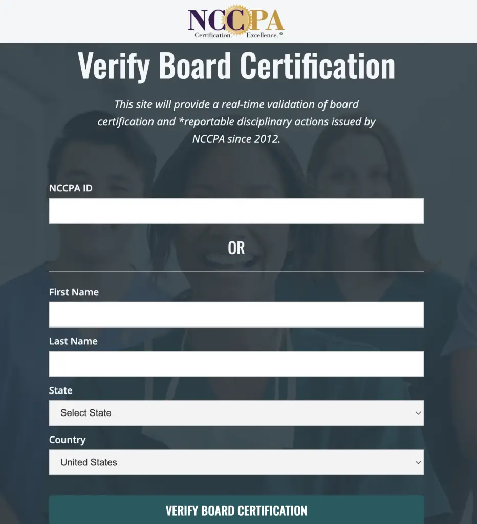 NCCPA verification page showing where to check physician assistant certification status