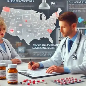 This is an AI generated image depicting nurse practitioners (NPs) and physician assistants (PAs) prescribing medications.