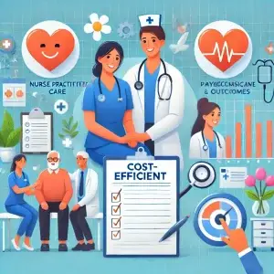 This is an AI generated image depicting nurse practitioners and physician assistants providing cost-efficient care while maintaining high patient satisfaction and outcomes. 