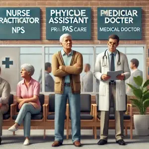 This is an AI generated image image depicting older adults hesitating or resisting seeing nurse practitioners (NPs) and physician assistants (PAs) for primary care.