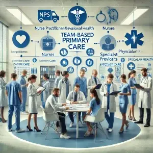 This is an AI image depicting a team-based primary care model that includes nurse practitioners (NPs) and physician assistants (PAs) working collaboratively with other healthcare professionals.