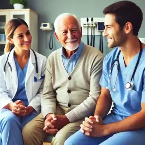 This is an AI-generated image of a nurse practitioner and physician assistant chatting with an older adult. 