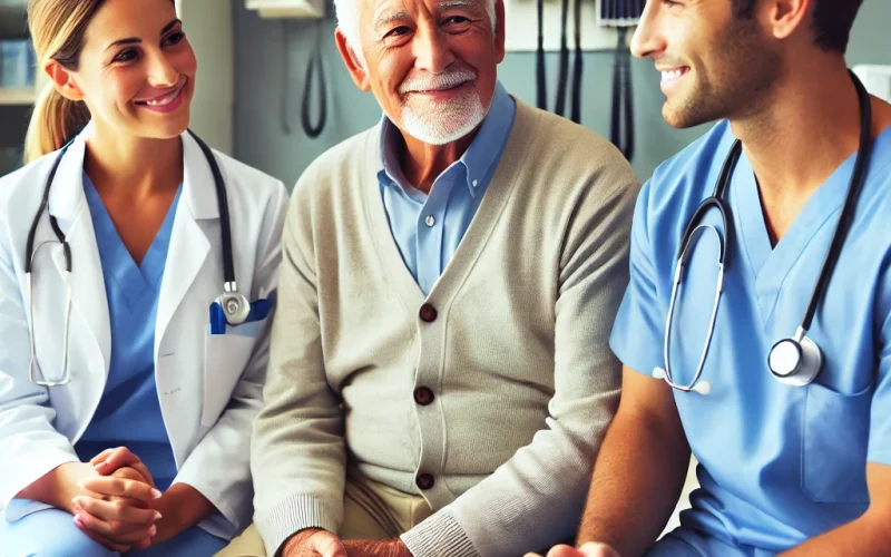 This is an AI-generated image of a nurse practitioner and physician assistant chatting with an older adult.