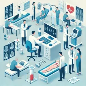 This is an AI generated image image depicting physician assistants (PAs) initiating and performing various diagnostic procedures in a medical setting.