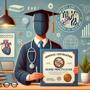 This is an AI generated image depicting the process of obtaining certification for a nurse practitioner in Maryland.