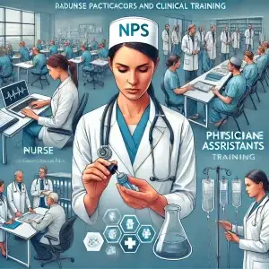 This is an AI image depicting nurse practitioners (NPs) and physician assistants (PAs) undergoing rigorous education and clinical training.