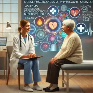 This is an AI generated image depicting nurse practitioners (NPs) and physician assistants (PAs) providing holistic care that assesses psychosocial factors affecting patients' health.