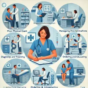 This is an AI generated image depicting an image of a nurse practitioner performing various highly skilled tasks without any words or captions.