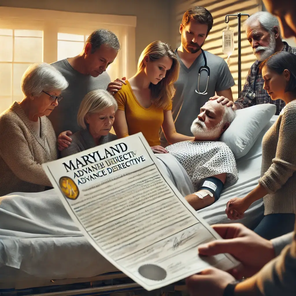  photograph of a family gathered around a dying loved one in a hospital, with one family member holding a Maryland healthcare advance directive, highlighting the importance of end-of-life planning as an alternative to Maryland guardianship