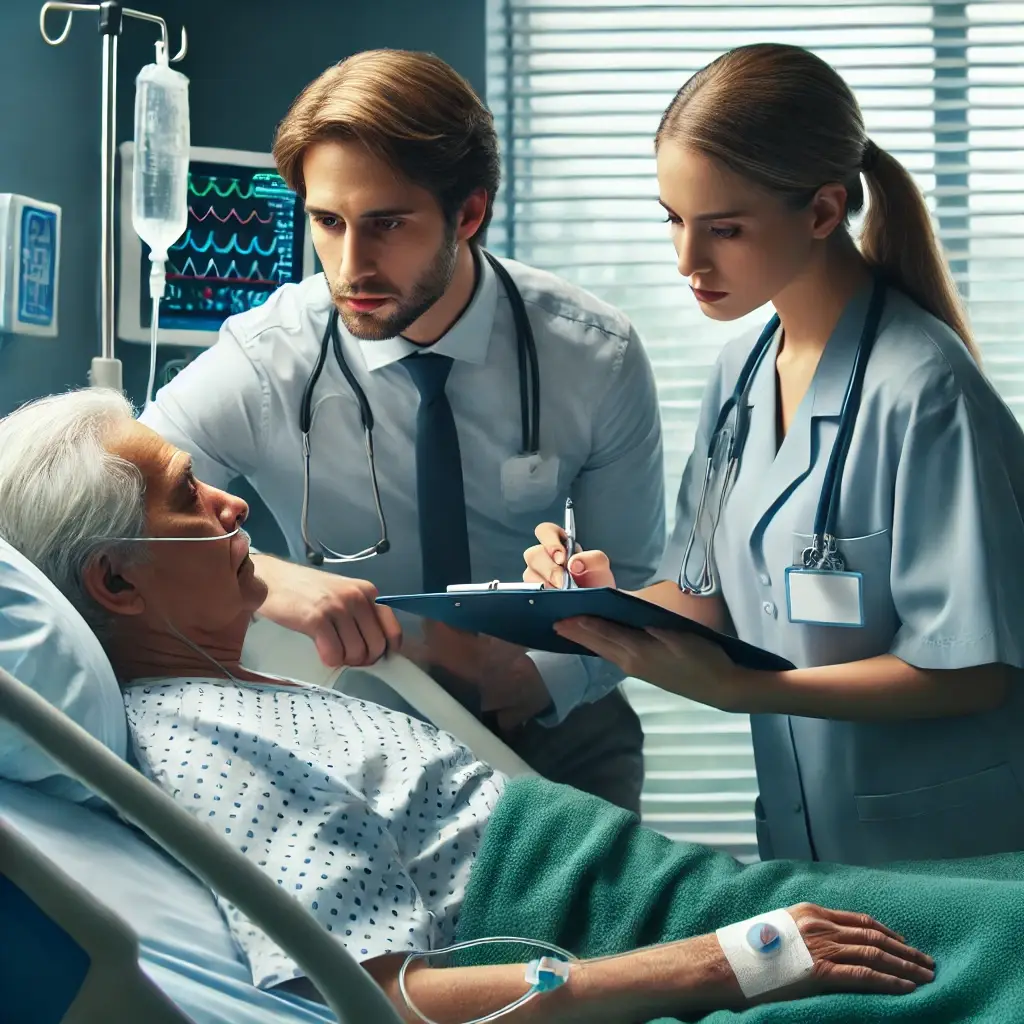 A realistic photograph of a family member acting as a healthcare surrogate, discussing medical decisions with a doctor for an incapacitated loved one in a hospital, highlighting an alternative to Maryland guardianship