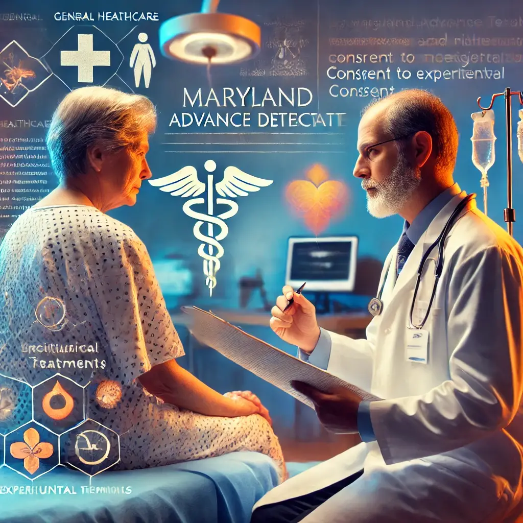 Illustration of a healthcare agent discussing treatment options with a doctor, representing the responsibilities and decisions made under a Maryland Advance Directive, including general healthcare, religious considerations, and consent to experimental treatments as an alternative to Maryland guardianship.