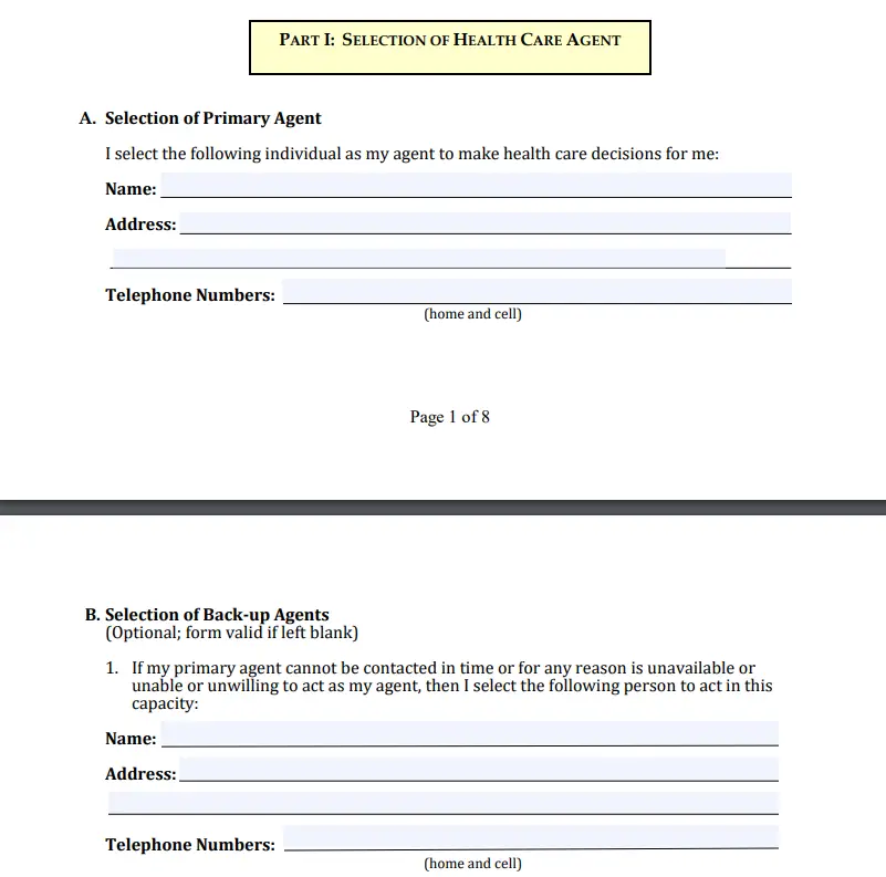 Screenshot of the Appointment of Healthcare Agent section from the Maryland Healthcare Advance Directive form, provided by the Maryland Attorney General's Office, showing the process of selecting a primary and backup healthcare agent as an alternative to guardianship