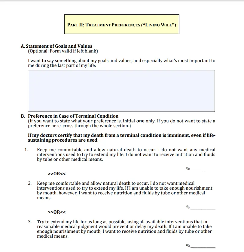 Screenshot of the Treatment Preferences section from the Maryland Healthcare Advance Directive form, provided by the Maryland Attorney General's Office, outlining instructions for healthcare and end-of-life treatment decisions as an alternative to Maryland guardianship