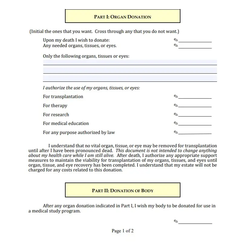 "Image of the Maryland Advance Directive form for organ donation and body donation, allowing individuals to specify their preferences as part of their healthcare planning and an alternative to Maryland guardianship