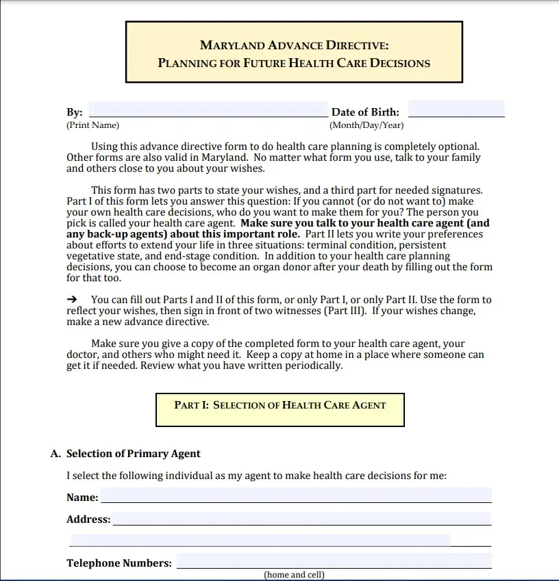 Image of the Maryland Advance Healthcare Directive form provided by the Maryland Attorney General's Office, used for planning future healthcare decisions and designating a healthcare agent