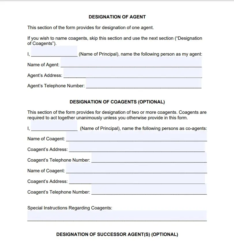 An example of a Maryland Durable Power of Attorney document showing sections for the designation of an agent, coagents, and successor agents