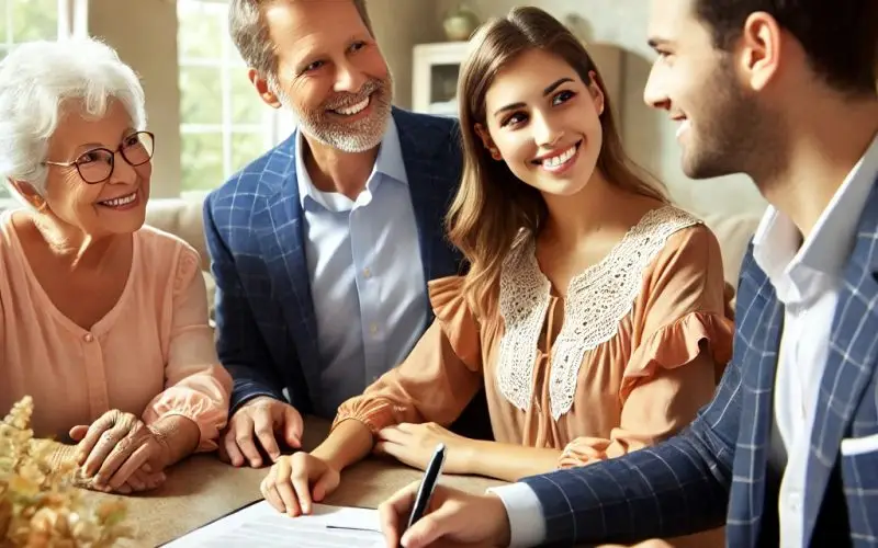 A warm photograph of an attorney helping an older adult and their family with estate planning, highlighting alternatives to Maryland guardianship in a comfortable office setting