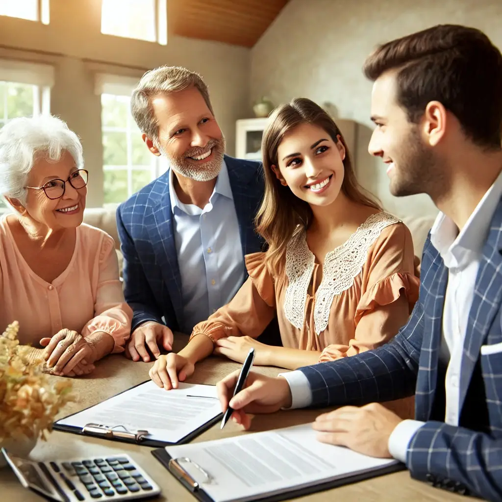 A warm photograph of an attorney helping an older adult and their family with estate planning, highlighting alternatives to Maryland guardianship in a comfortable office setting