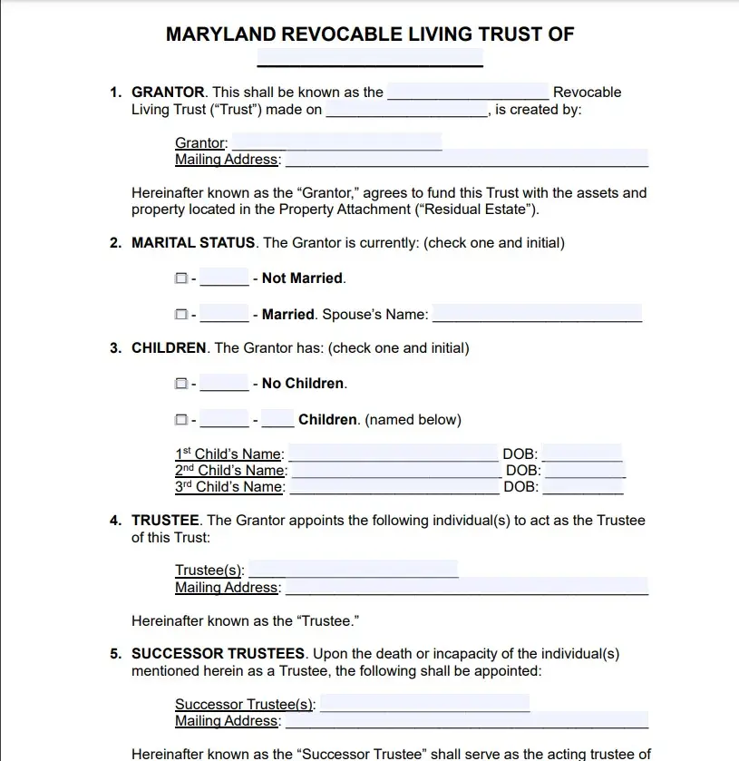 Screenshot of a Maryland Revocable Living Trust form, showing sections for the grantor, marital status, children, trustee, and successor trustees, used as an alternative to guardianship in estate planning.