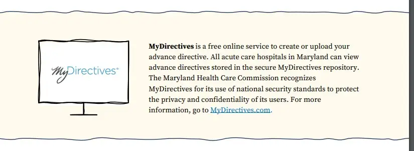 Screenshot from a Maryland Healthcare Commission PDF about MyDirectives, a free online service for creating or uploading advance directives, recognized for its privacy and security standards and accessible by all acute care hospitals in Maryland.