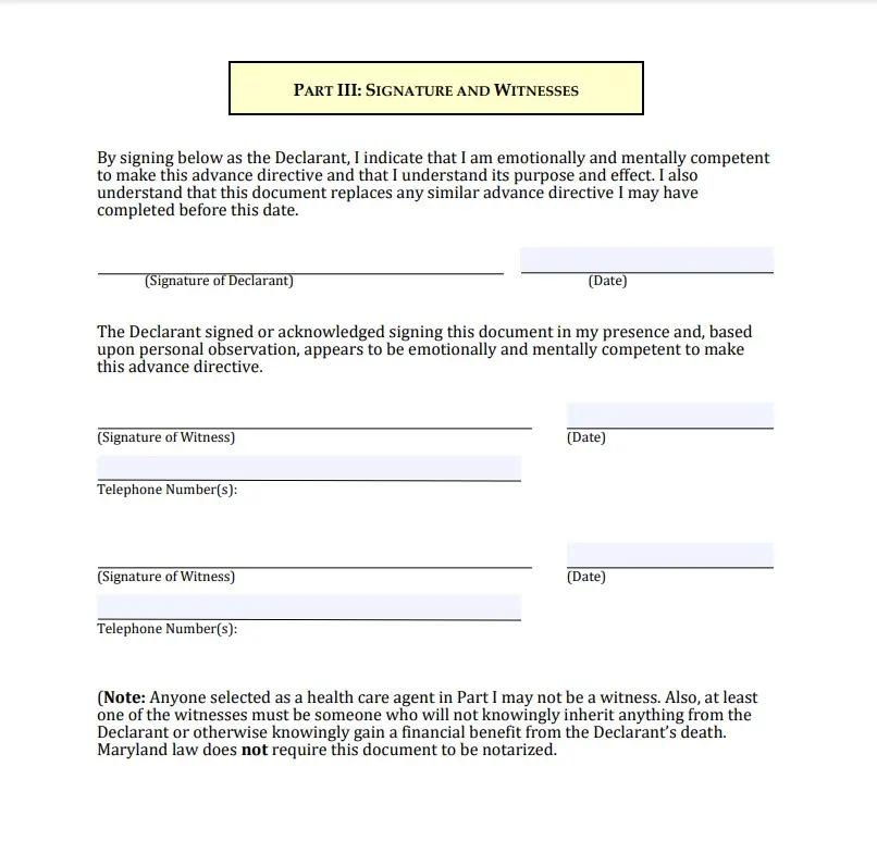 Screenshot of the Signature and Witnesses section from the Maryland Healthcare Advance Directive form, provided by the Maryland Attorney General's Office, showing the required signatures for validating the directive as an alternative to Maryland guardianship