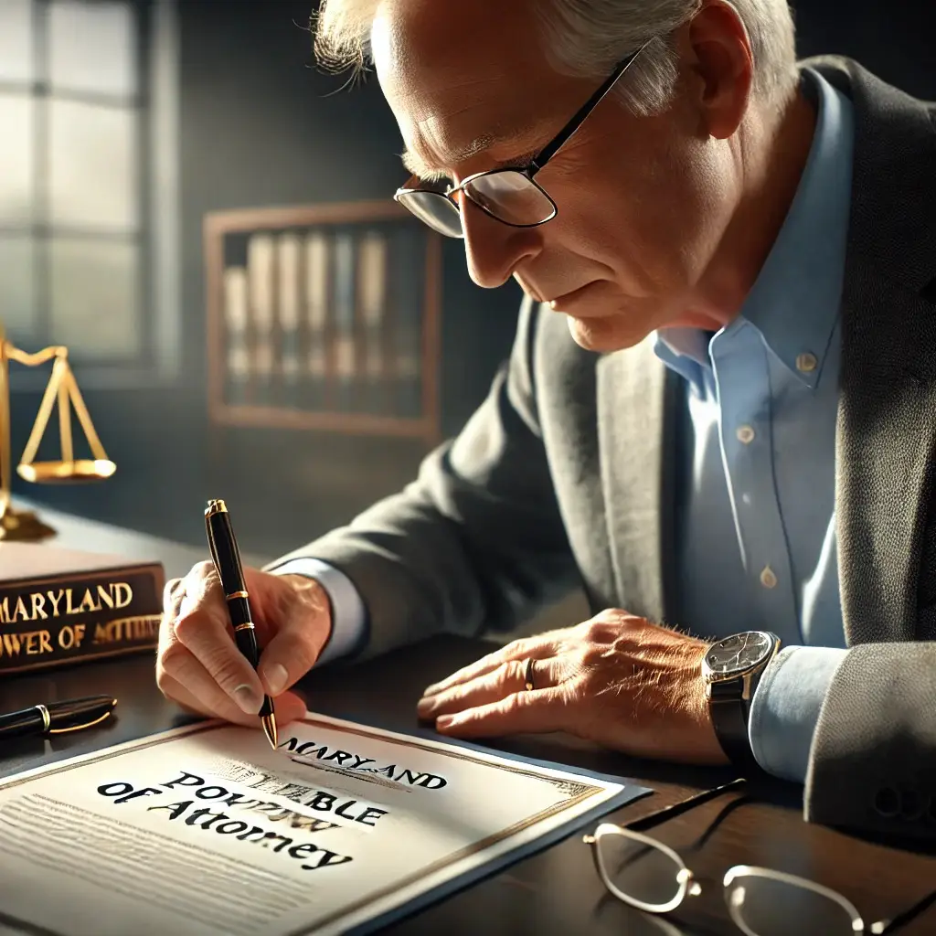 A photograph of an older adult carefully signing a Maryland Durable Power of Attorney document in a professional office setting, emphasizing the importance of legal alternatives to guardianship