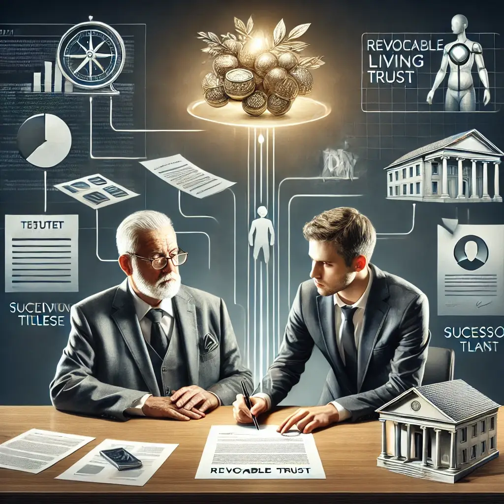 Illustration of an estate attorney assisting a client in establishing and managing a Revocable Living Trust, highlighting the creation of the trust, asset management, successor trustee designation, and distribution of assets to beneficiaries as an alternative to Maryland guardianship.