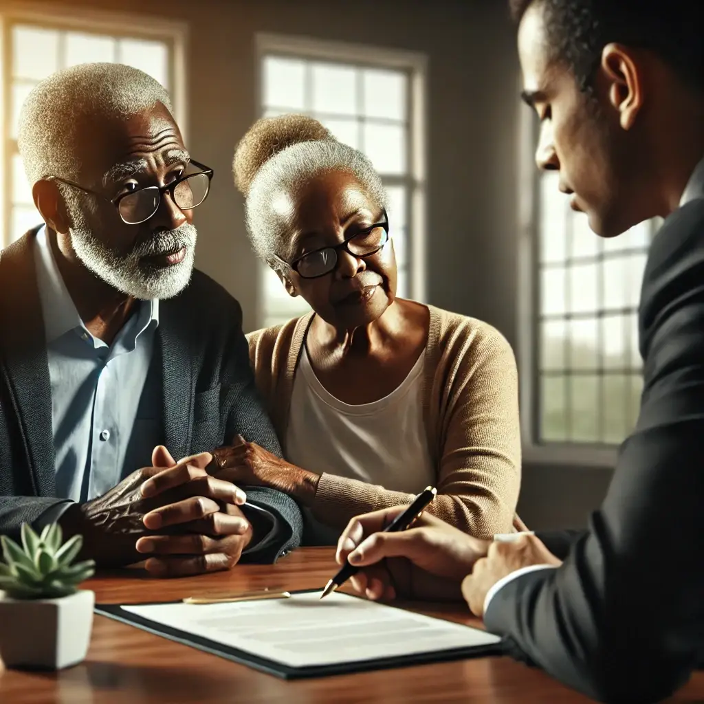 An aging Maryland couple sitting with an estate attorney in a professional office, discussing and creating a Revocable Living Trust as part of their estate planning, an alternative to Maryland guardianship.