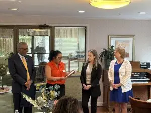 This is a photograph of Montgomery County, Maryland, officials reading a proclamation at Montcare Bethesda on Monday, May 12, 2025, in honor of Older Americans Month, International Nurses Day, and Skilled Nursing Week.  