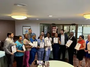 This is a photograph of the skilled nursing staff at Montcare Bethesda on Monday, May 12, 2025, in celebration of National SKilled Nursing Care Week (2025). 