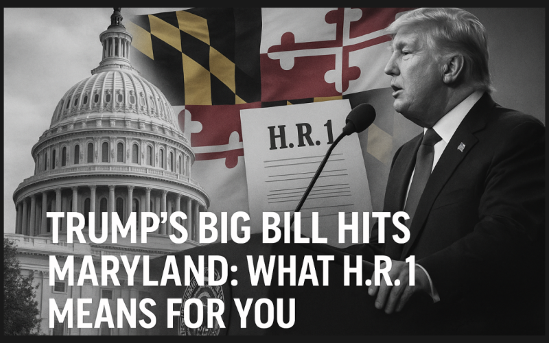 This is an image of Donald Trump with a Maryland flag in the backdrop, with text that reads: "Trump's Big Bill Hits Maryland: What H.R. 1 Means For You."