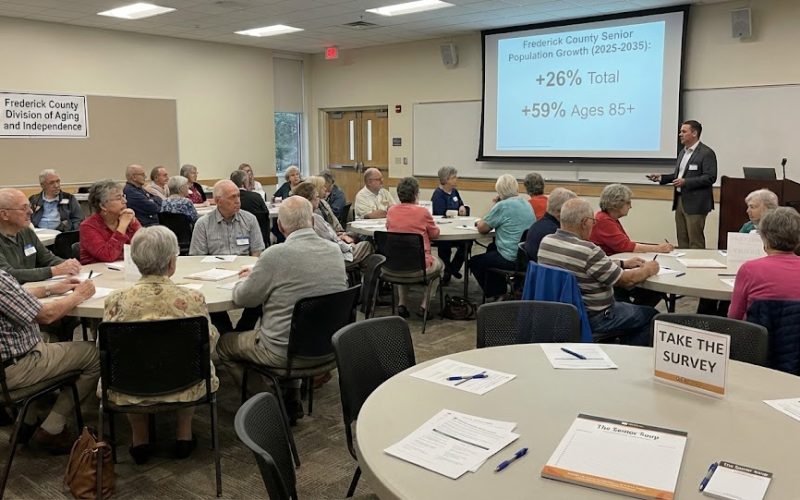 This is an AI generated image capturing the essence of older adults (seniors) in Frederick County, Maryland, attending the public listening sessions conducted my MGT consulting for the senior feasibility study.